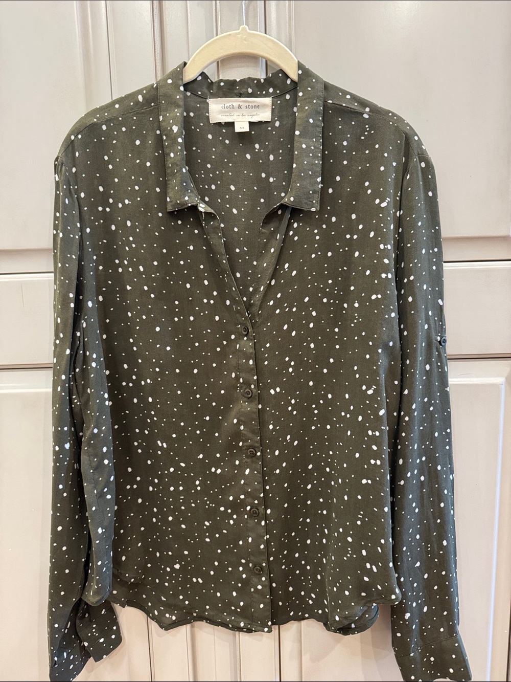 cloth & stone Olive Green Button-Front Shirt with White Dot Print